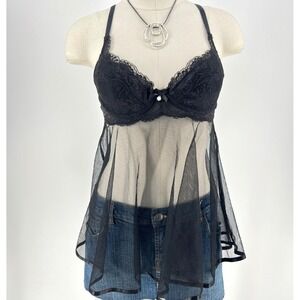 Shirley of Hollywood Black Lace Sheer Babydoll Chemise Whimsigoth Goth M